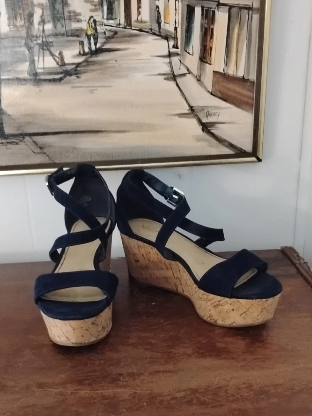 Nine West Navy Cork Wedge Sandals